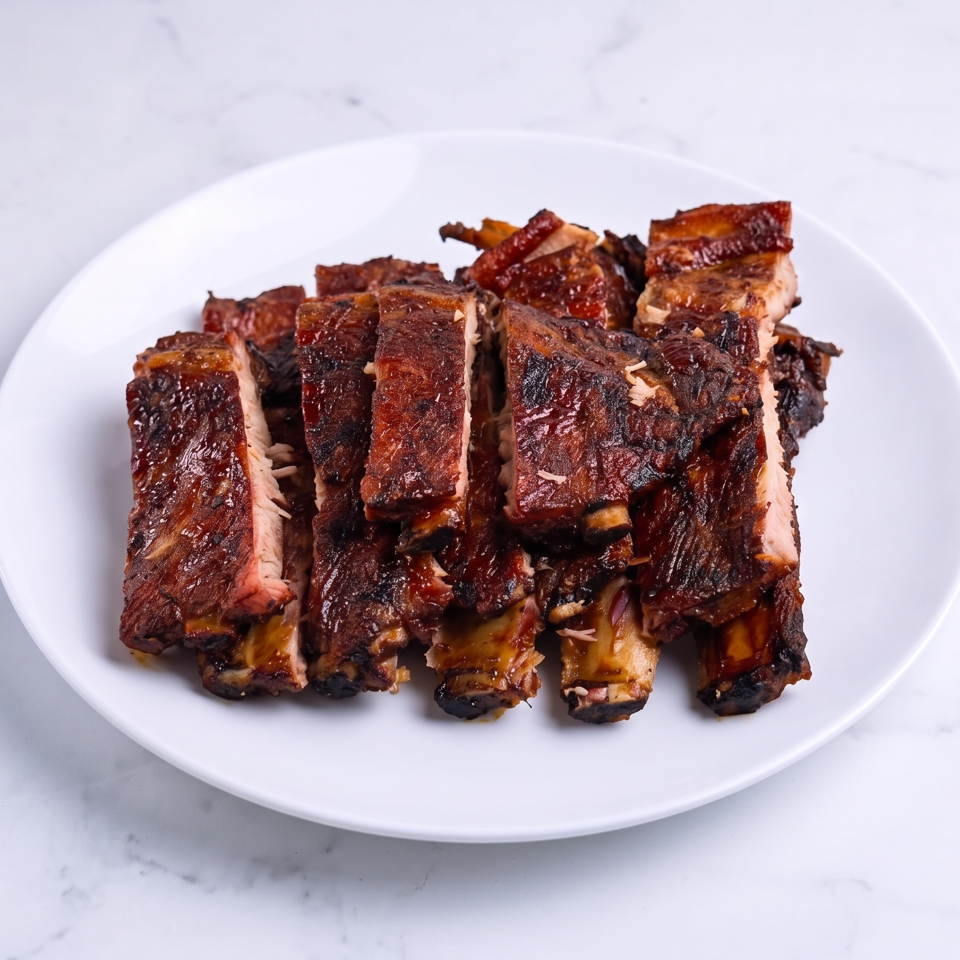 Stack of glazed, charred barbecue ribs arranged on a white plate.