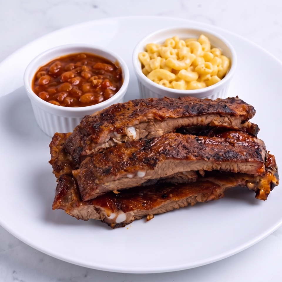 Stack of saucy grilled ribs served with baked beans and macaroni and cheese on a white plate.