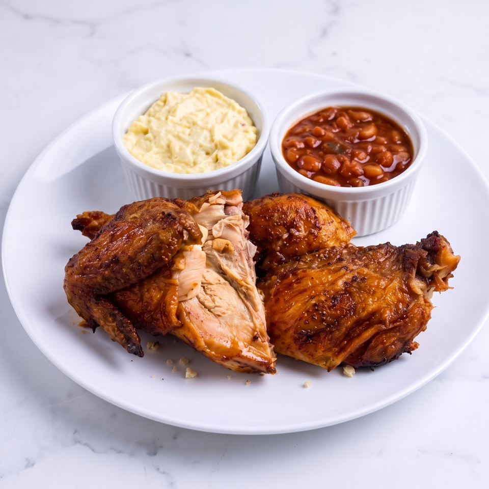 Roasted chicken pieces served with creamy coleslaw and baked beans on a white plate.